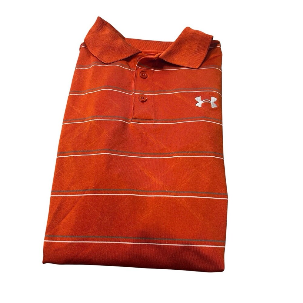 UNDER ARMOUR Polo Shirt Loose Heat Gear Large Men's Orange Short Sleeve Logo
